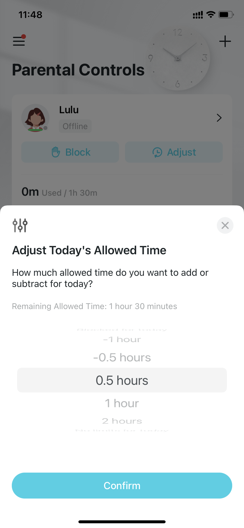 Today's allowed time settings page after tapping the Adjust button