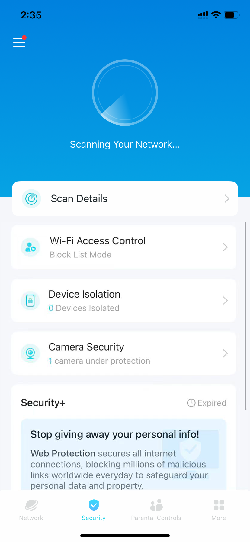 displaying the network is being scanned.