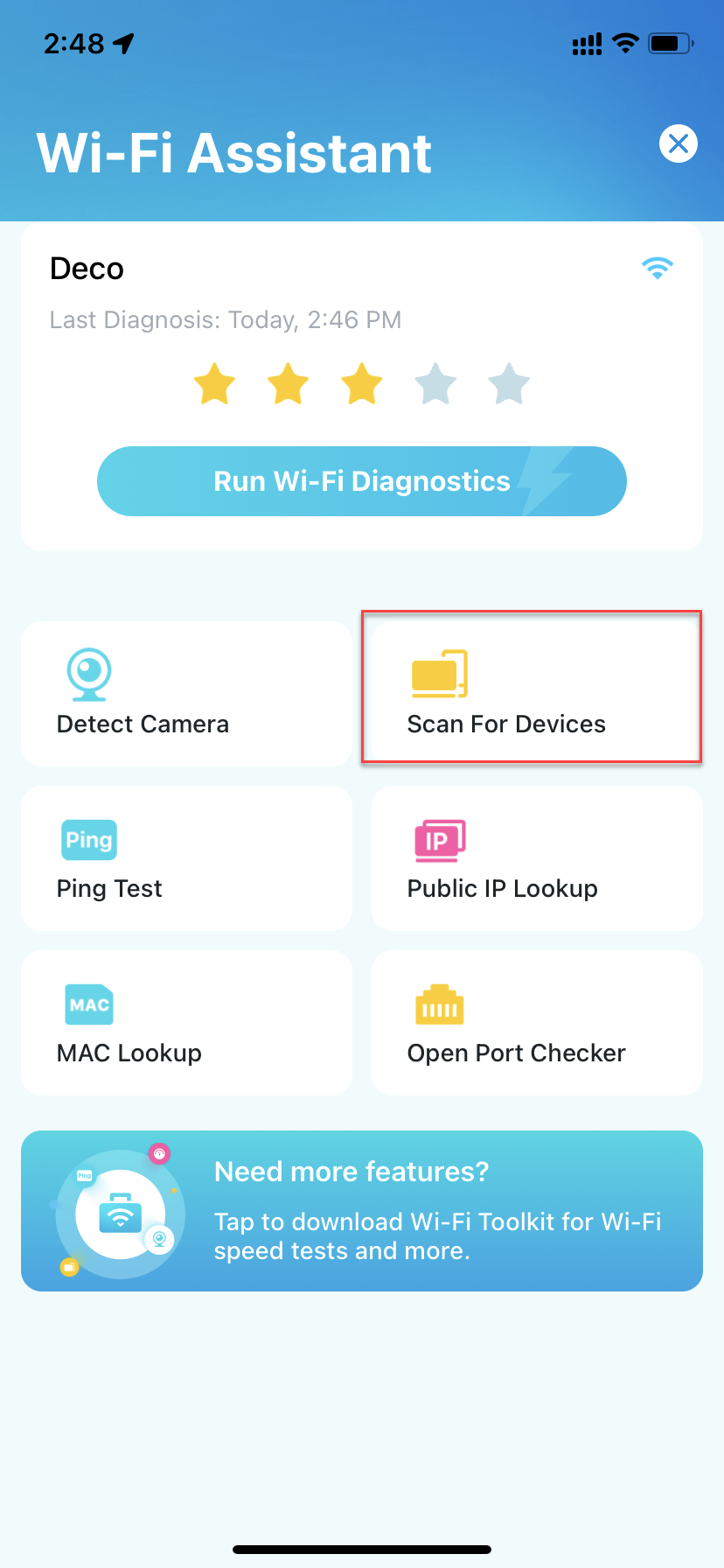 Locate Scan for Devices on the Wi-Fi Assistant page