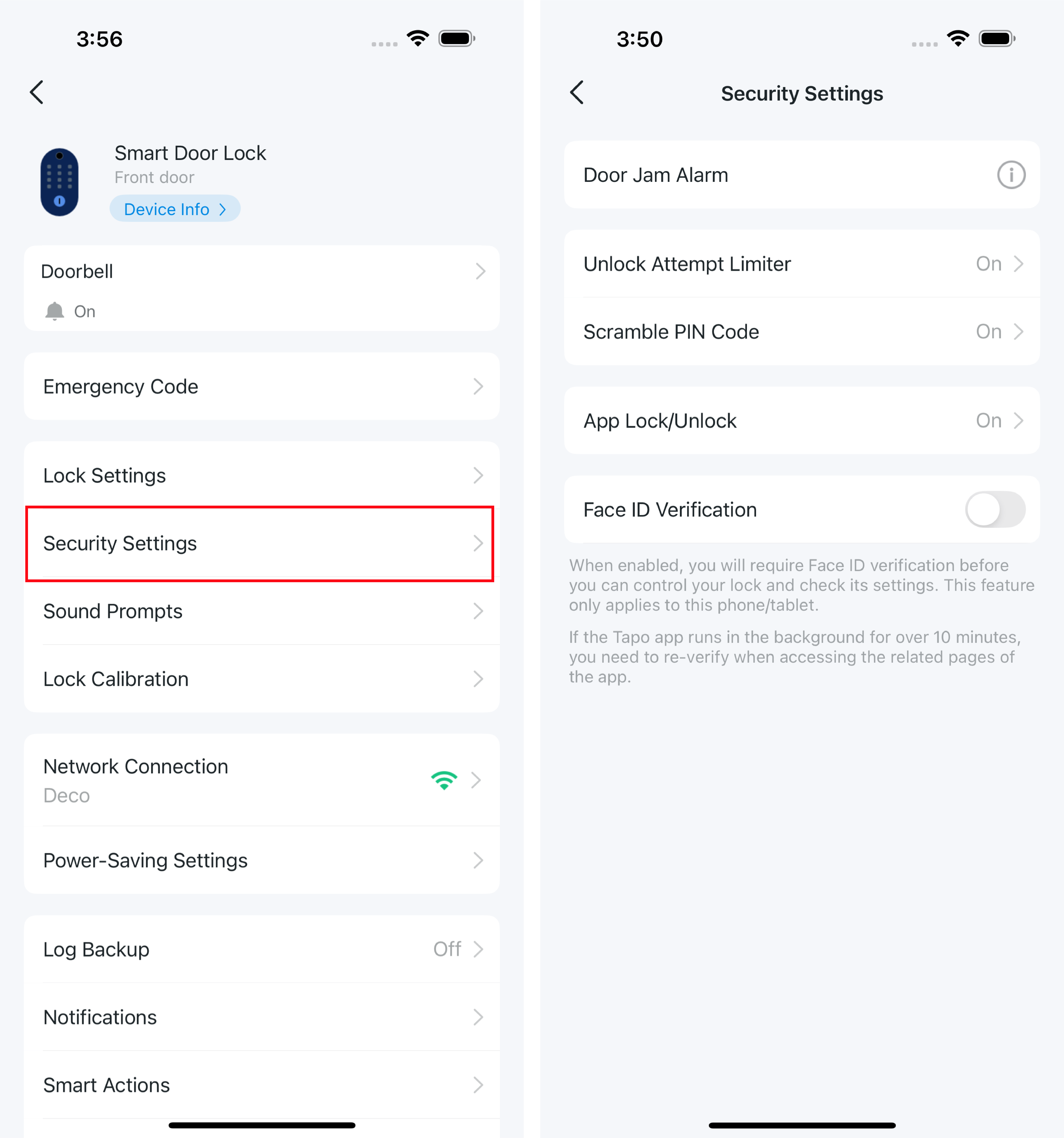 Security settings page