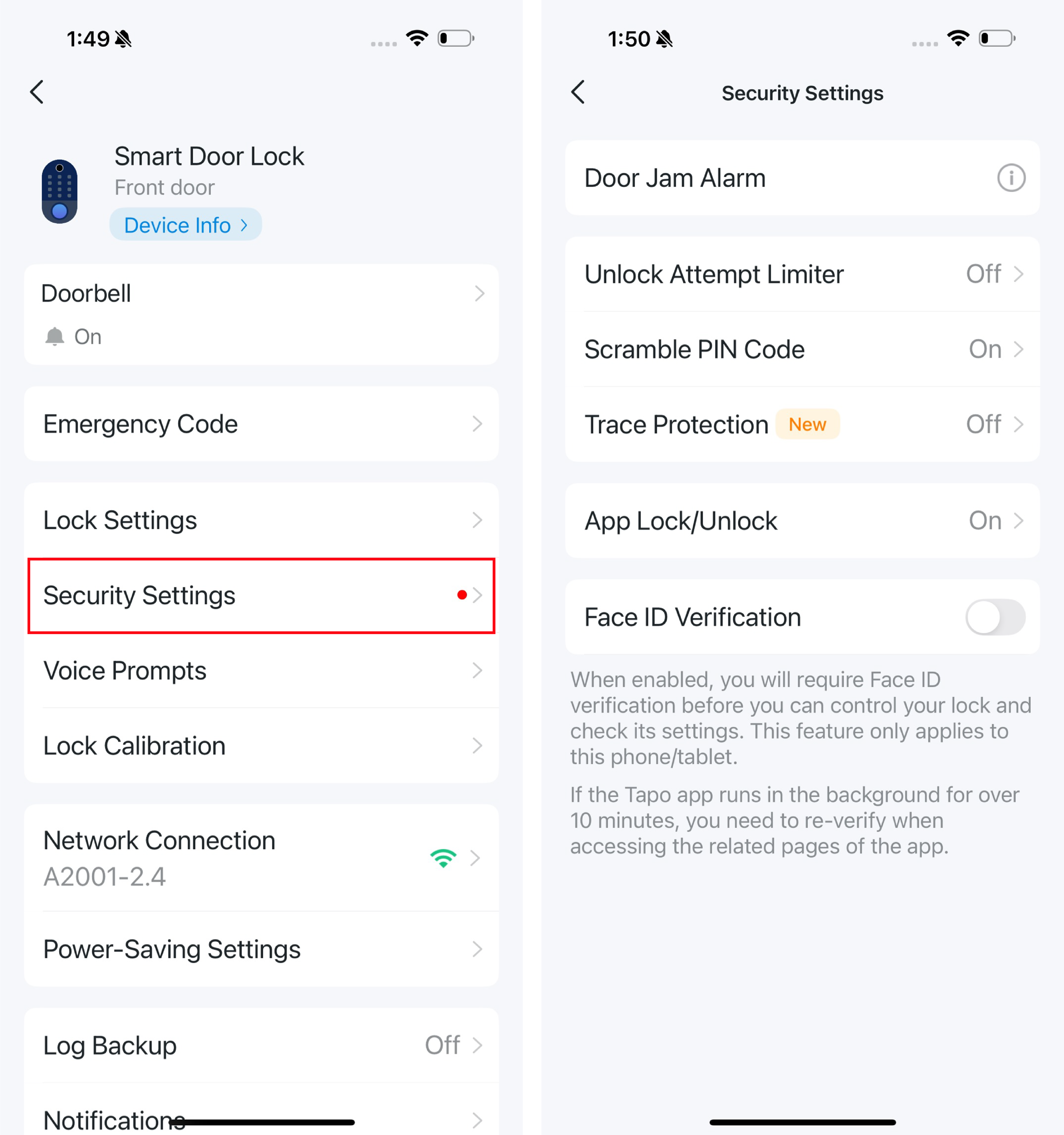 Security settings page