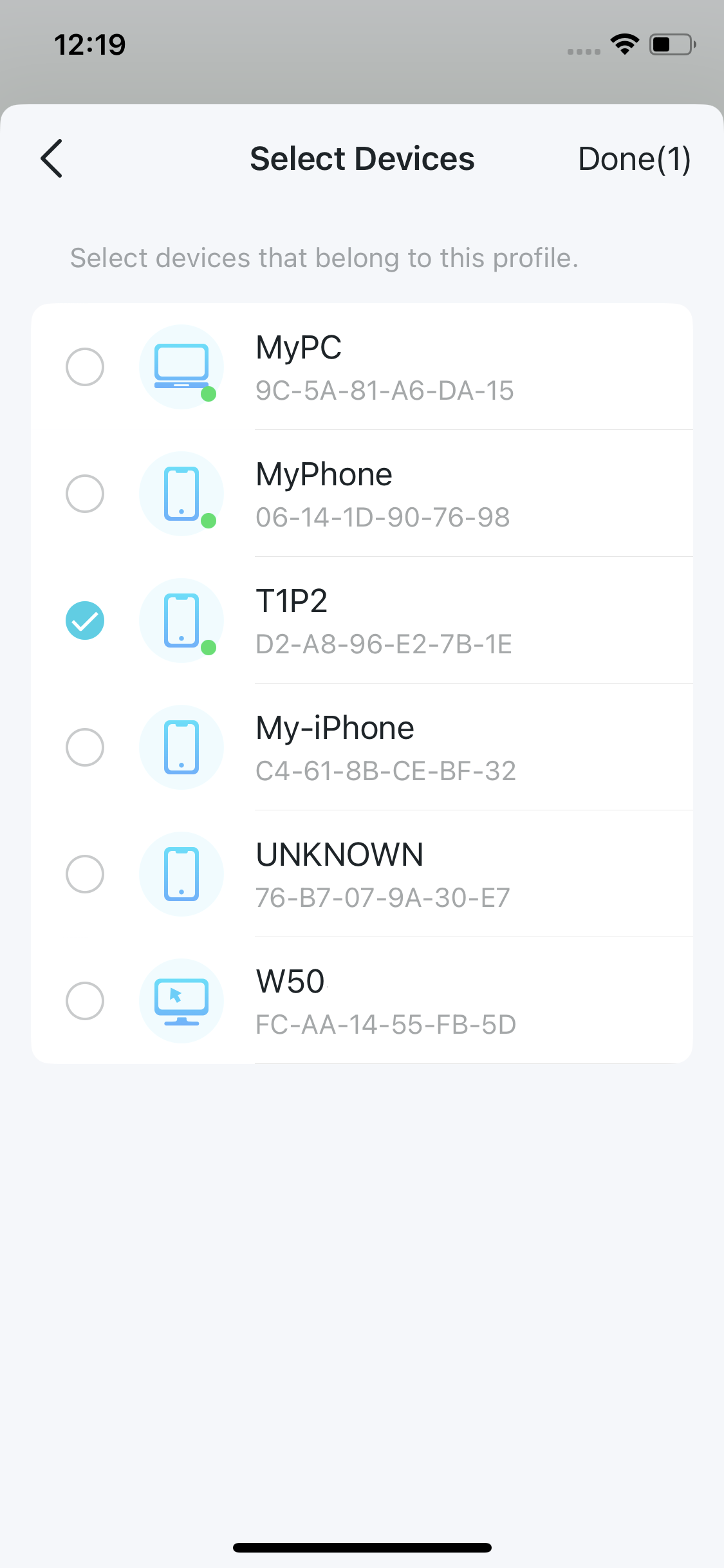 devices available for this profile