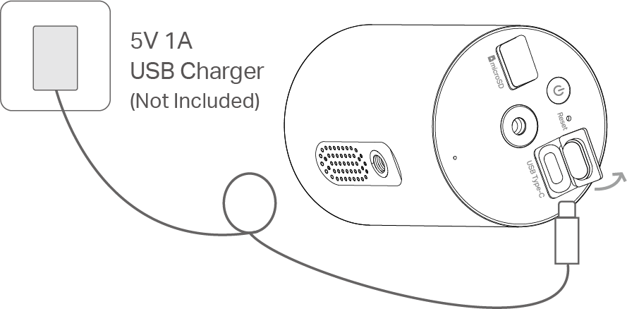 Charge camera with 5V 1A power adapter (adapter not included)
