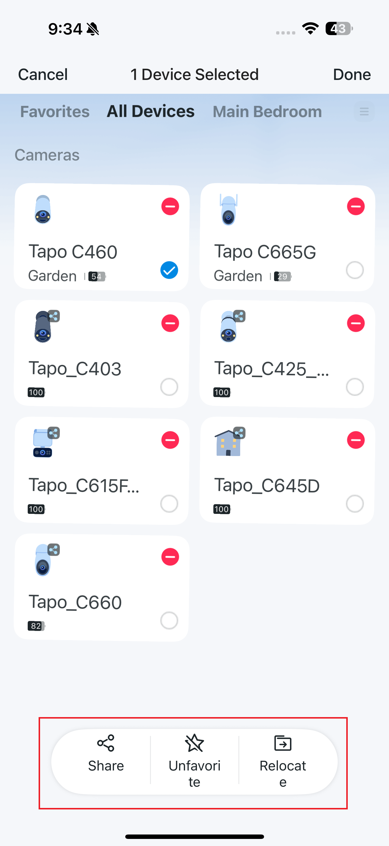 The new menu of Share, Favorite/Unfavorite, Relocate
