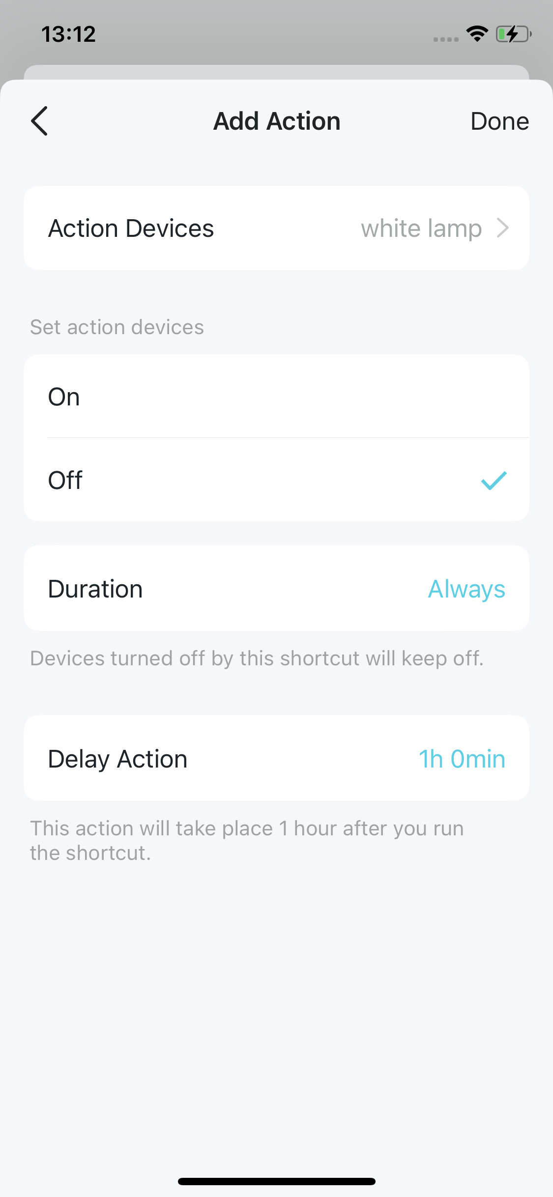The action settings page including duration and delay action