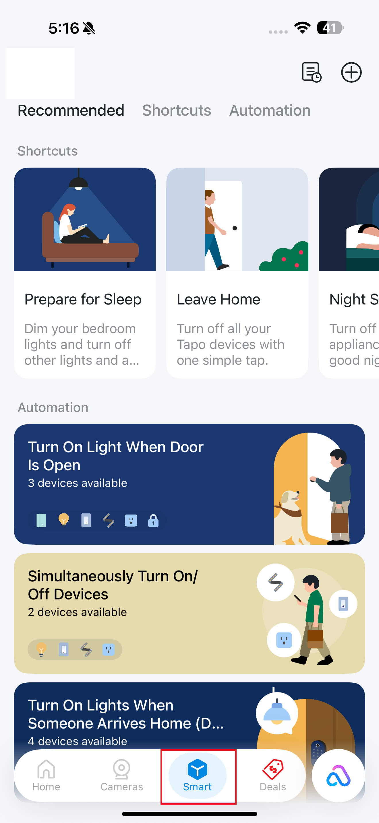 Smart Actions page in the app