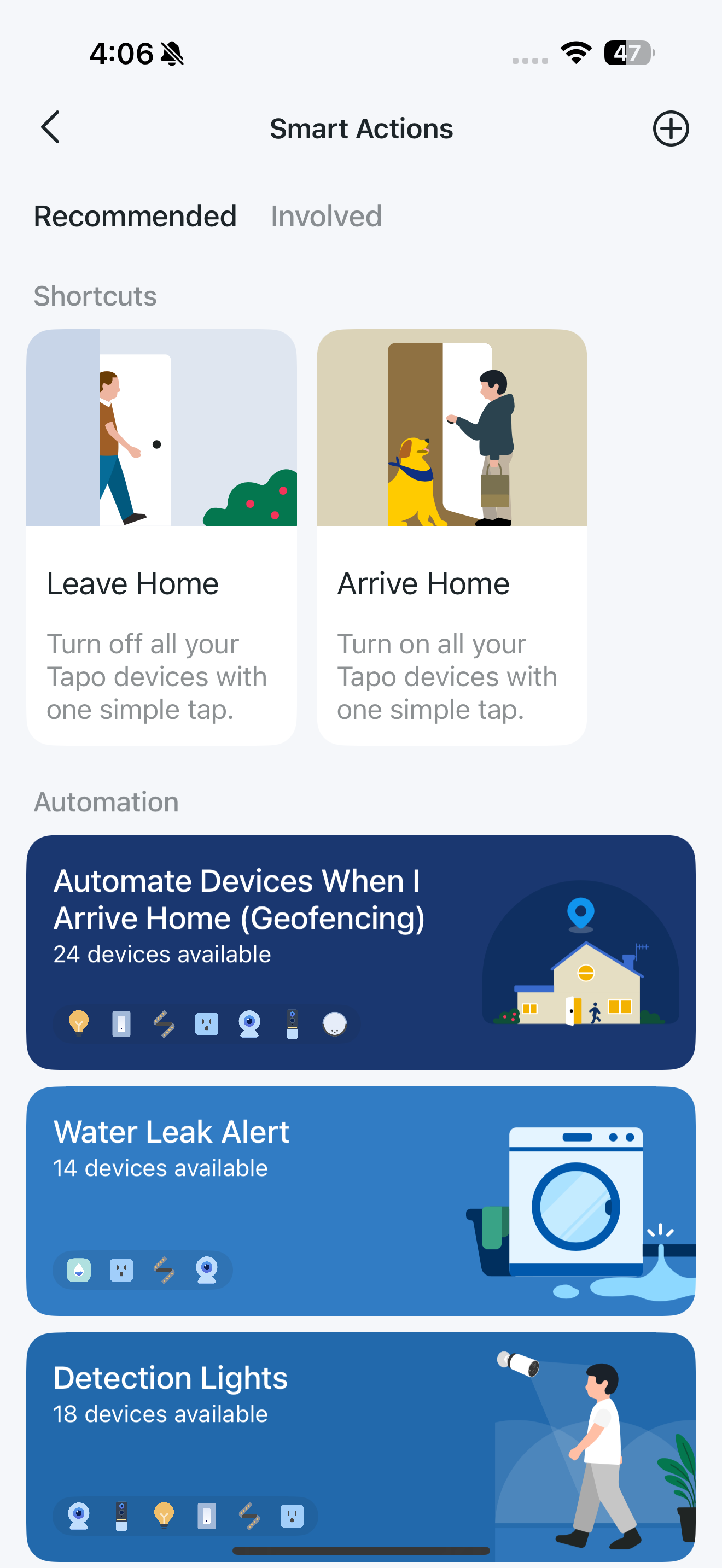 Smart Actions page in the app