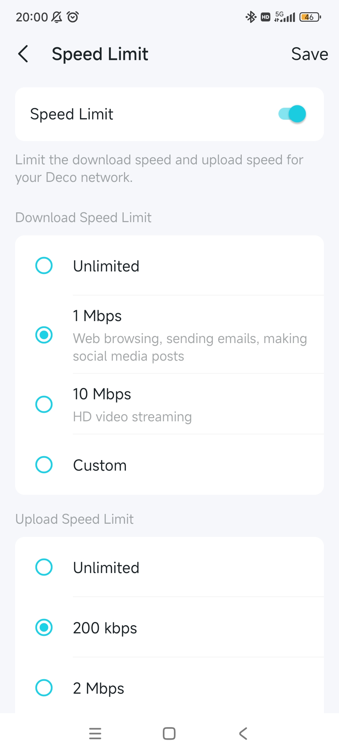 Speed Limit settings page