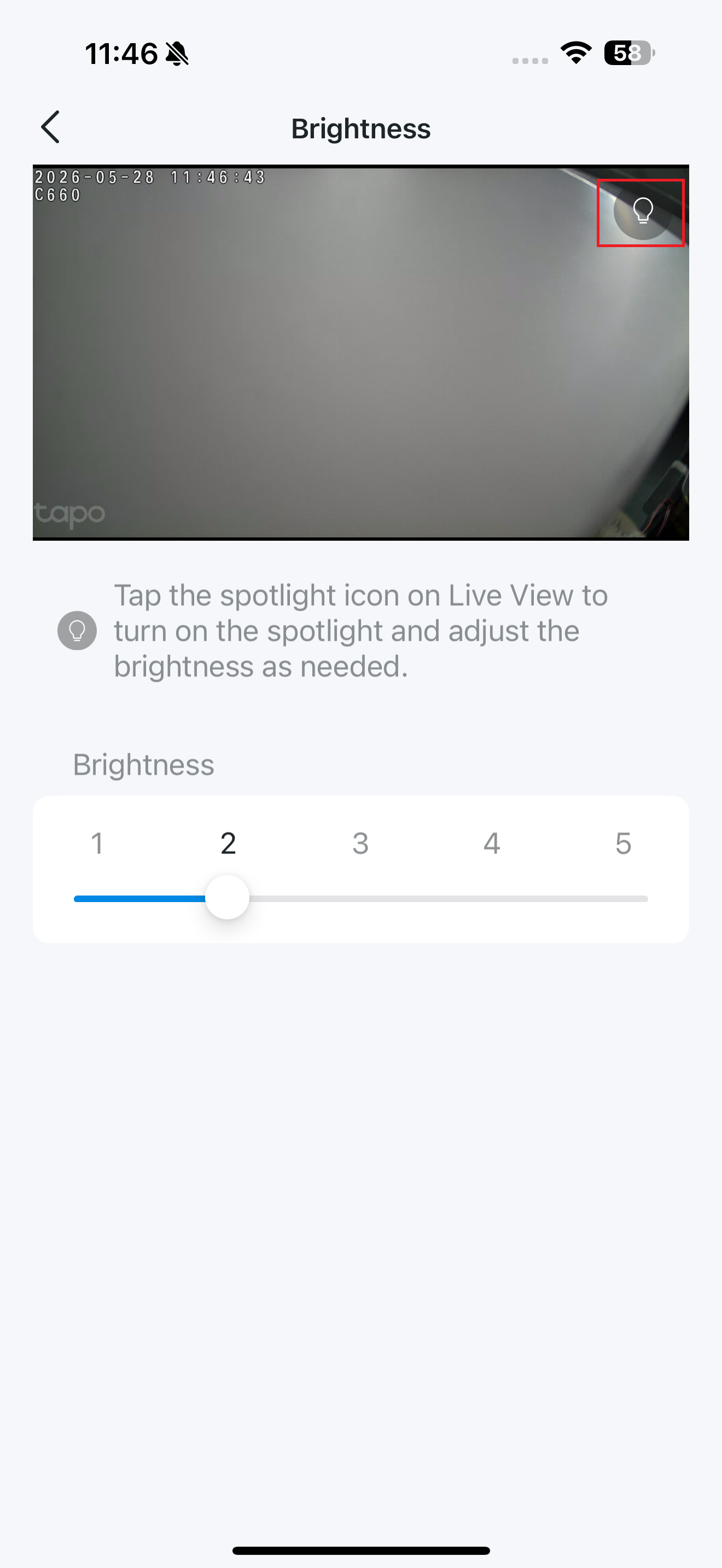 Spotlight Brightness page in the app