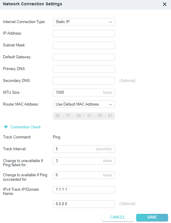 The Static IP internet connection settings page