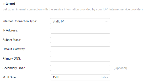 A screenshot of a network configuration page titled "Internet" for setting up a "Static IP" connection. The page includes input fields for IP Address, Subnet Mask, Default Gateway, Primary DNS, Secondary DNS, and a MTU Size of 1500 bytes.