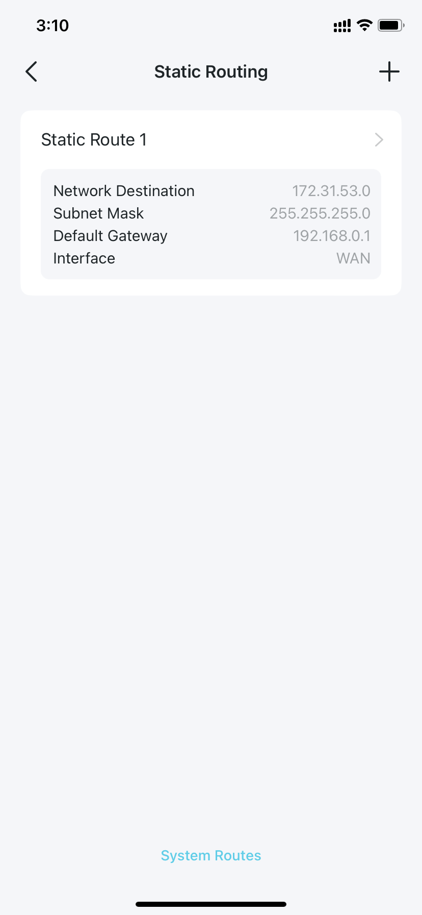 static route page with one entry added