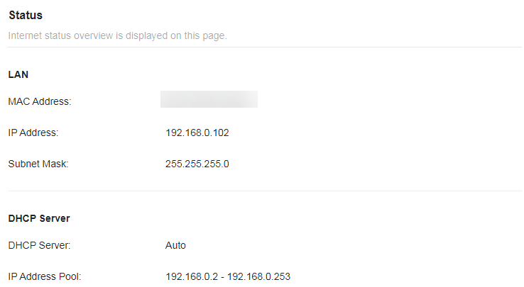 A screenshot of a router's "Status" configuration page, displaying LAN details including the IP Address 192.168.0.102 and Subnet Mask 255.255.255.0. It also shows DHCP Server settings set to Auto, with an IP Address Pool ranging from 192.168.0.2 to 192.168.0.253