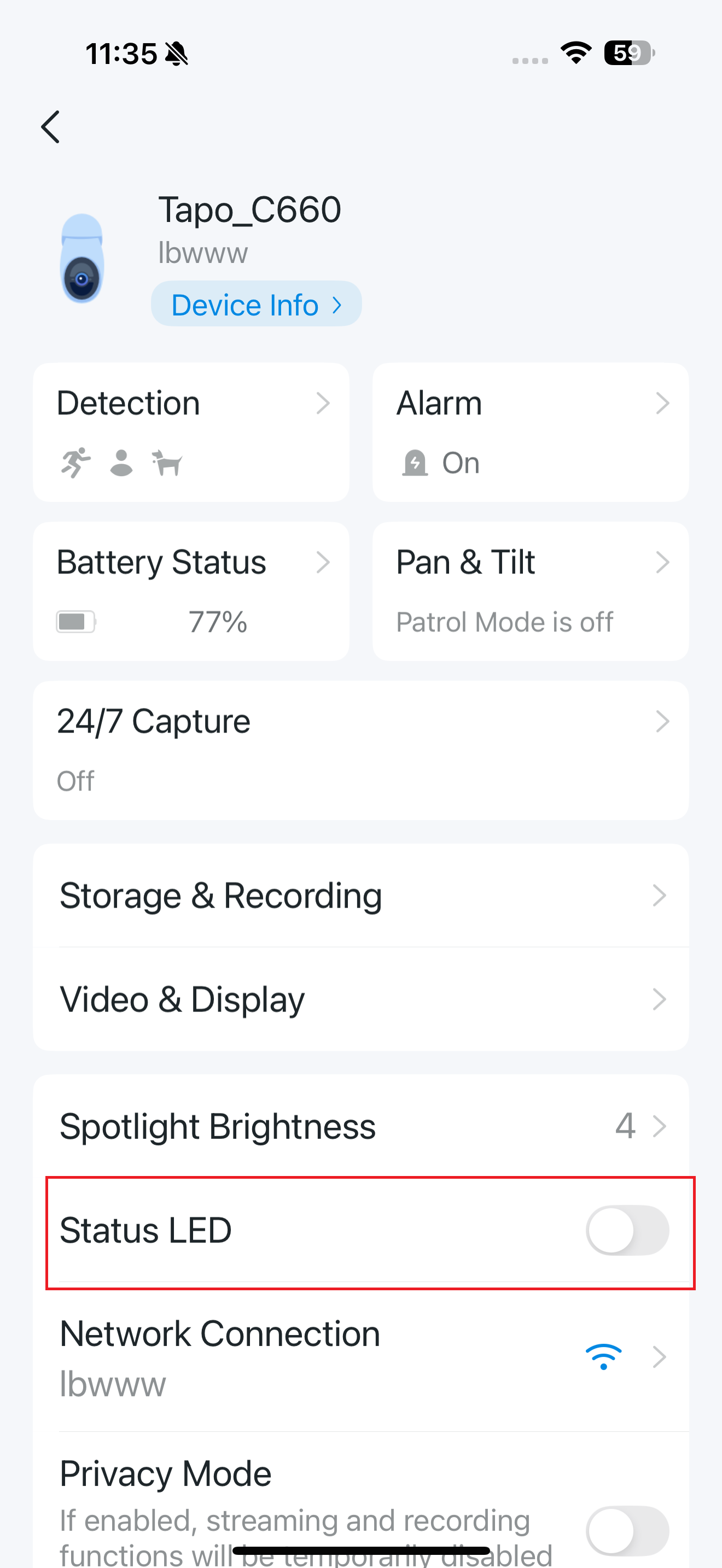 Status LED button in the app