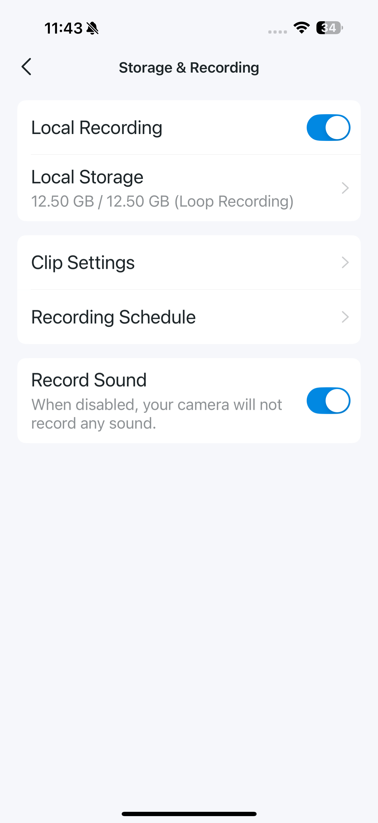 Storage and Recording page in the app