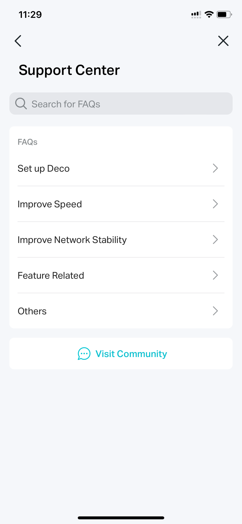 Support Center page in Deco app