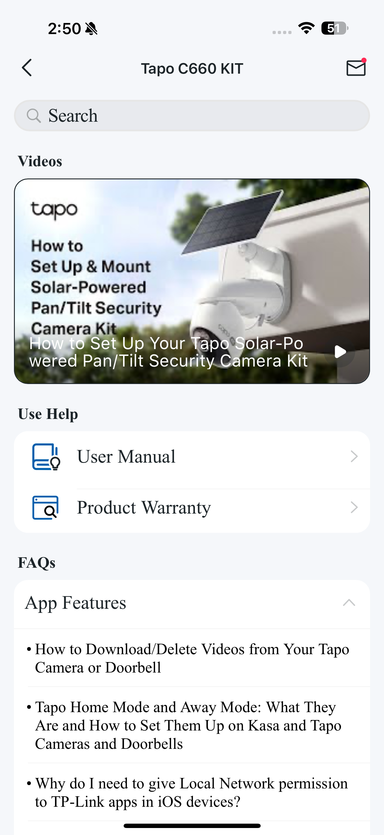 Support Center page in the app