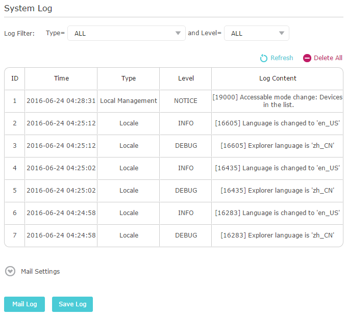 A screenshot of a router's web configuration interface for System Log. The screen displays a table of log entries with columns for ID, Time, Type, Level, and Log Content, showing recent events like language changes and management updates. Options for log filtering, saving, and emailing logs are also visible.