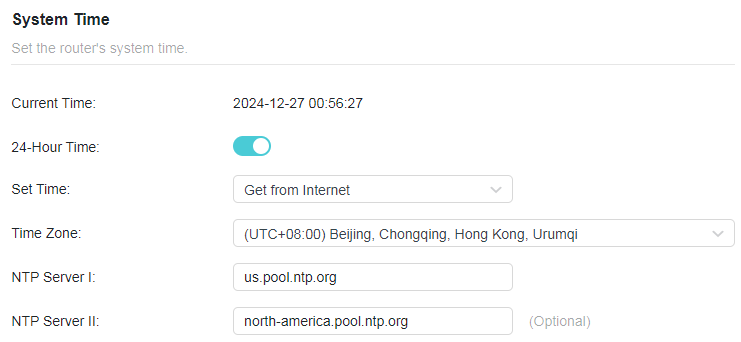 A screenshot of a router configuration interface for System Time settings. The screen shows the current time, a toggle for 24-Hour Time, the "Set Time" method selected as "Get from Internet", the time zone set to (UTC+08:00) Beijing, and two NTP servers listed: us.pool.ntp.org and north-america.pool.ntp.org.