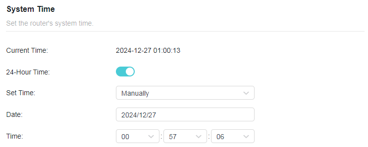 A screenshot of a router's "System Time" configuration webpage. The page displays the current time as 2024-12-27 01:00:13, a toggle to enable 24-Hour Time format, and configuration fields to set the date and time manually.