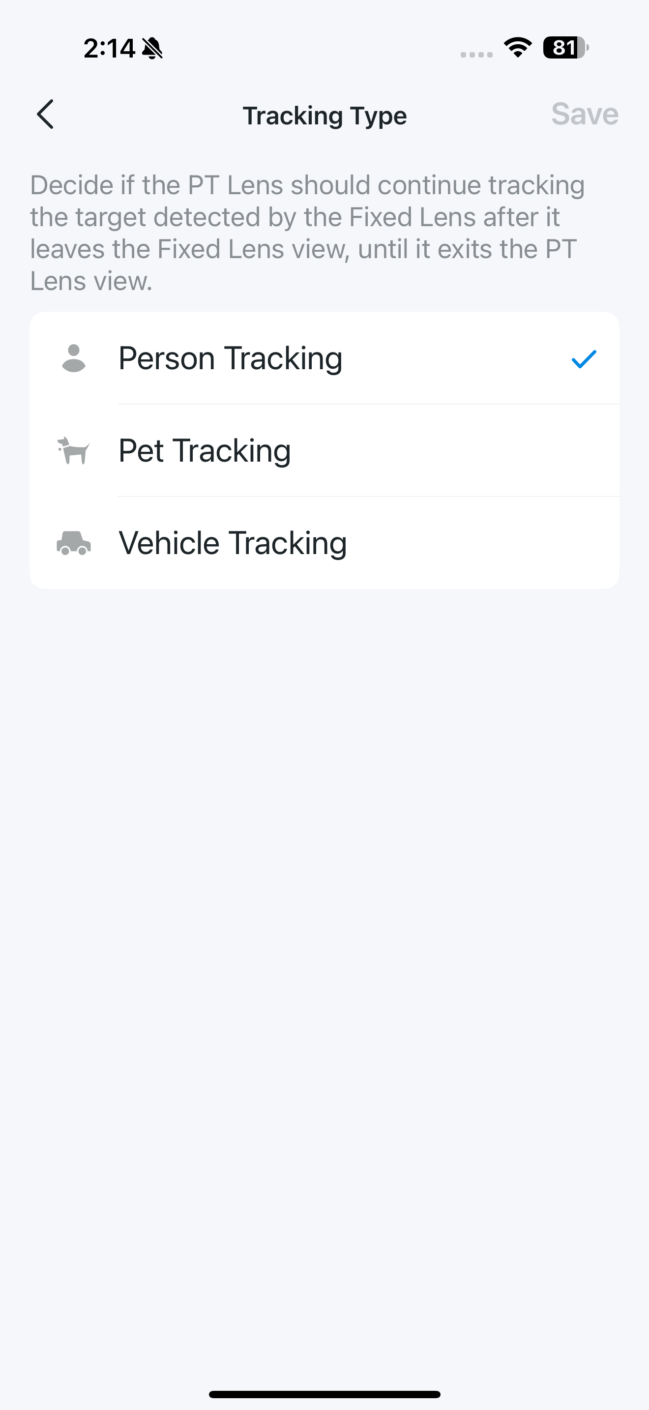 Tracking Type page in the app