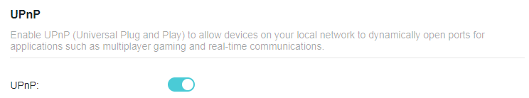 A screenshot of a router configuration page for UPnP (Universal Plug and Play) settings. The page includes explanatory text defining the feature for dynamically opening ports for applications like gaming, and a toggle switch indicating that UPnP is enabled.