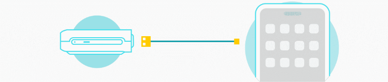 a rectangular electronic device connected via a cable with USB-style ends to a smartphone graphic displaying application icons.