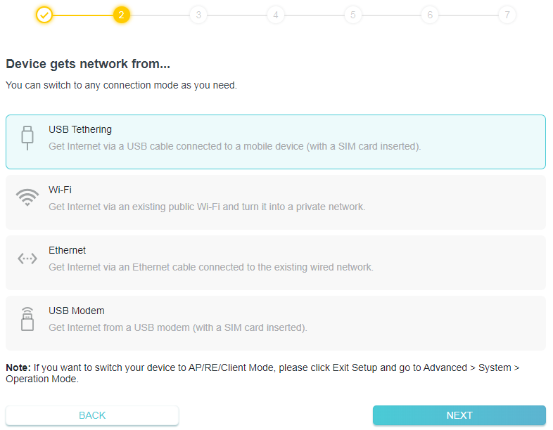 a network setup screen with the title 'Device gets network from...' presenting four options for internet connection: USB Tethering(selected), Wi-Fi, Ethernet , and USB Modem.