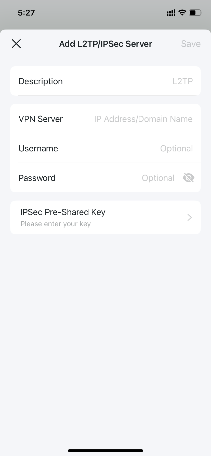 L2TP/IPSec server adding page