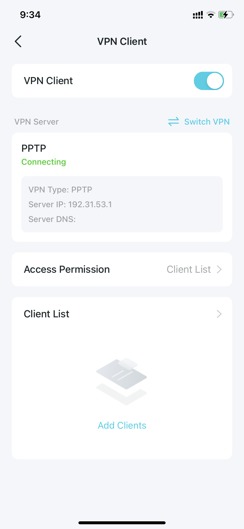 VPN Client settings page