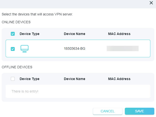 A screenshot of a VPN access configuration page in a network router interface. The page allows users to "Select the devices that will access VPN server" and lists sections for ONLINE DEVICES and OFFLINE DEVICES. The online devices table shows one device named "18503634-BG" selected via a checkbox, with its generic computer icon and a blurred MAC address.