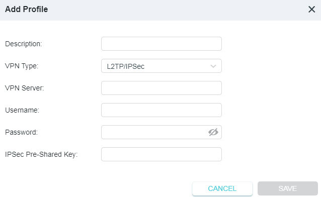 A network configuration dialog box titled "Add Profile" for a VPN client. It displays input fields for a Description, VPN Server, Username, Password, and IPSec Pre-Shared Key. The VPN Type dropdown is set to "L2TP/IPSec". The dialog box contains "CANCEL" and a grayed-out "SAVE" button.
