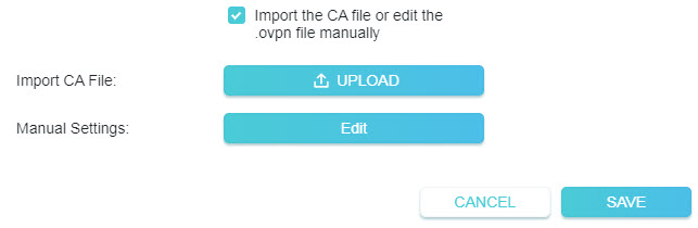 A network configuration dialog box provides two options for setup: importing a certificate authority (CA file) via an "UPLOAD" button, or using "Manual Settings:" via an "Edit" button. A checkbox confirms the intent to import the CA file or edit the .ovpn file manually. The bottom right features "CANCEL" and "SAVE" buttons.