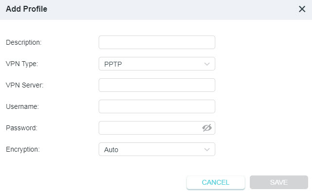 A screenshot of a network configuration page titled "Add Profile" for a VPN client. The form displays input fields for a Description and VPN Server address, along with dropdown menus for VPN Type (set to "PPTP") and Encryption (set to "Auto"). Fields for entering a Username and Password are also visible, along with "CANCEL" and "SAVE" buttons.