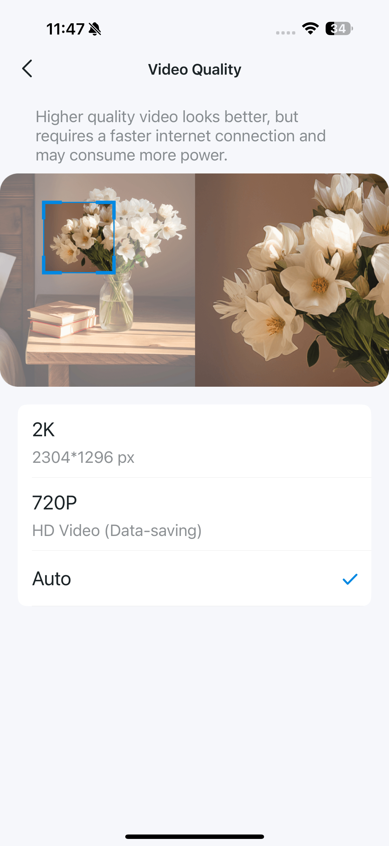 Video Quality page in the app