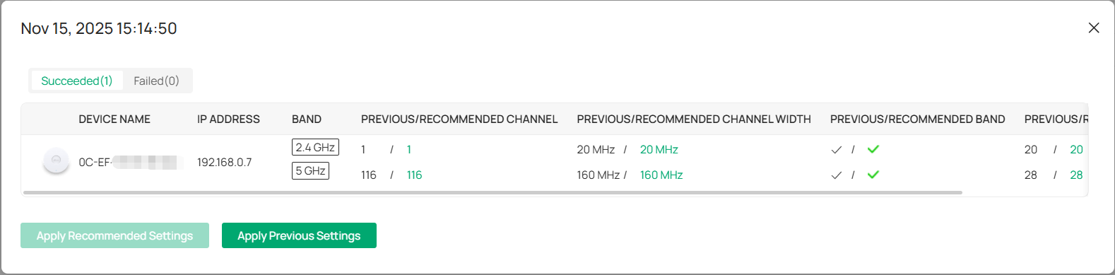 WLAN Optimization result details