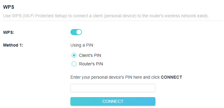 A screenshot of a network router's web interface page for WPS (Wi-Fi Protected Setup) configuration. The page explains the feature, shows a toggle switch for WPS, lists two connection methods (Client's PIN and Router's PIN), includes an input field for entering a personal device's PIN, and a "CONNECT" button.
