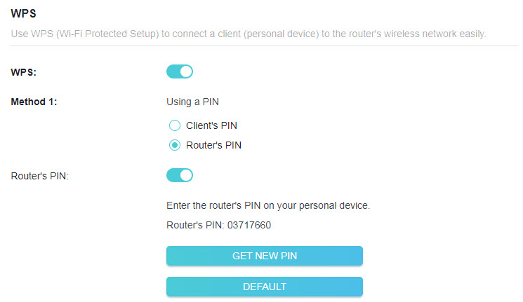 A screenshot of a network router's web interface page for WPS (Wi-Fi Protected Setup) configuration. The page shows the feature is enabled, the 'Router's PIN' method is selected, and displays a specific PIN: 03717660. Options to get a new PIN or revert to default are available.