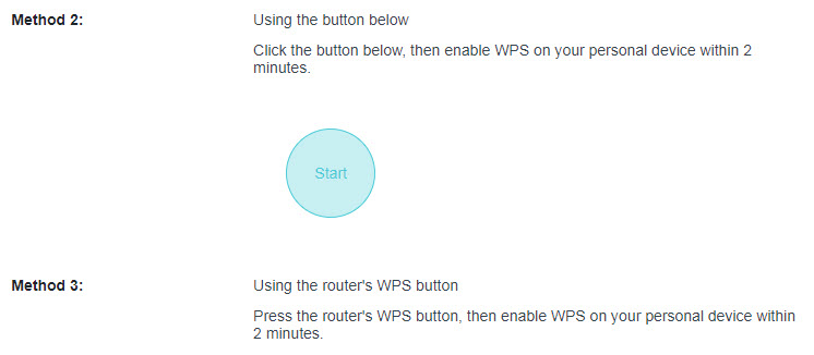 A screenshot of a network router's web interface page for WPS (Wi-Fi Protected Setup) configuration instructions. The image details two connection methods: "Method 2: Using the button below" with a clickable "Start" button shown, and "Method 3: Using the router's WPS button" which instructs the user to physically press the button on the router.