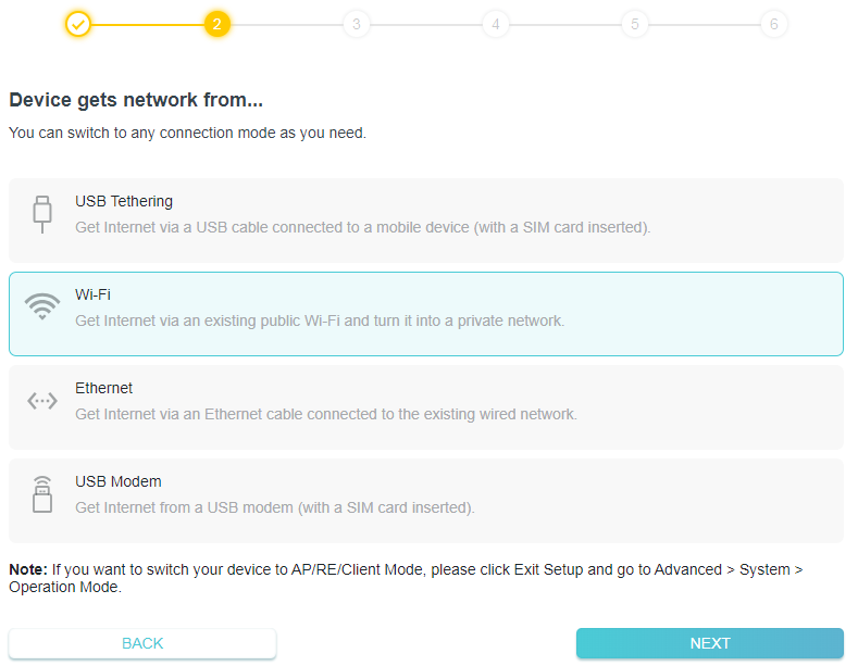 a network setup screen with the title 'Device gets network from...' presenting four options for internet connection: USB Tethering, Wi-Fi(selected)., Ethernet , and USB Modem.