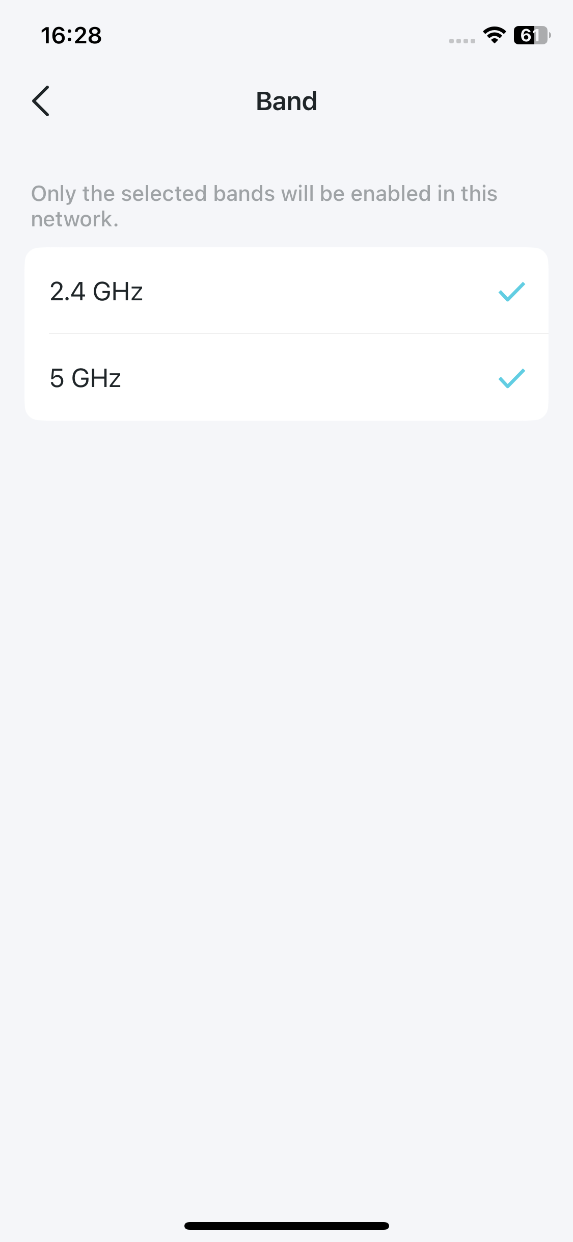band settings page for wifi network