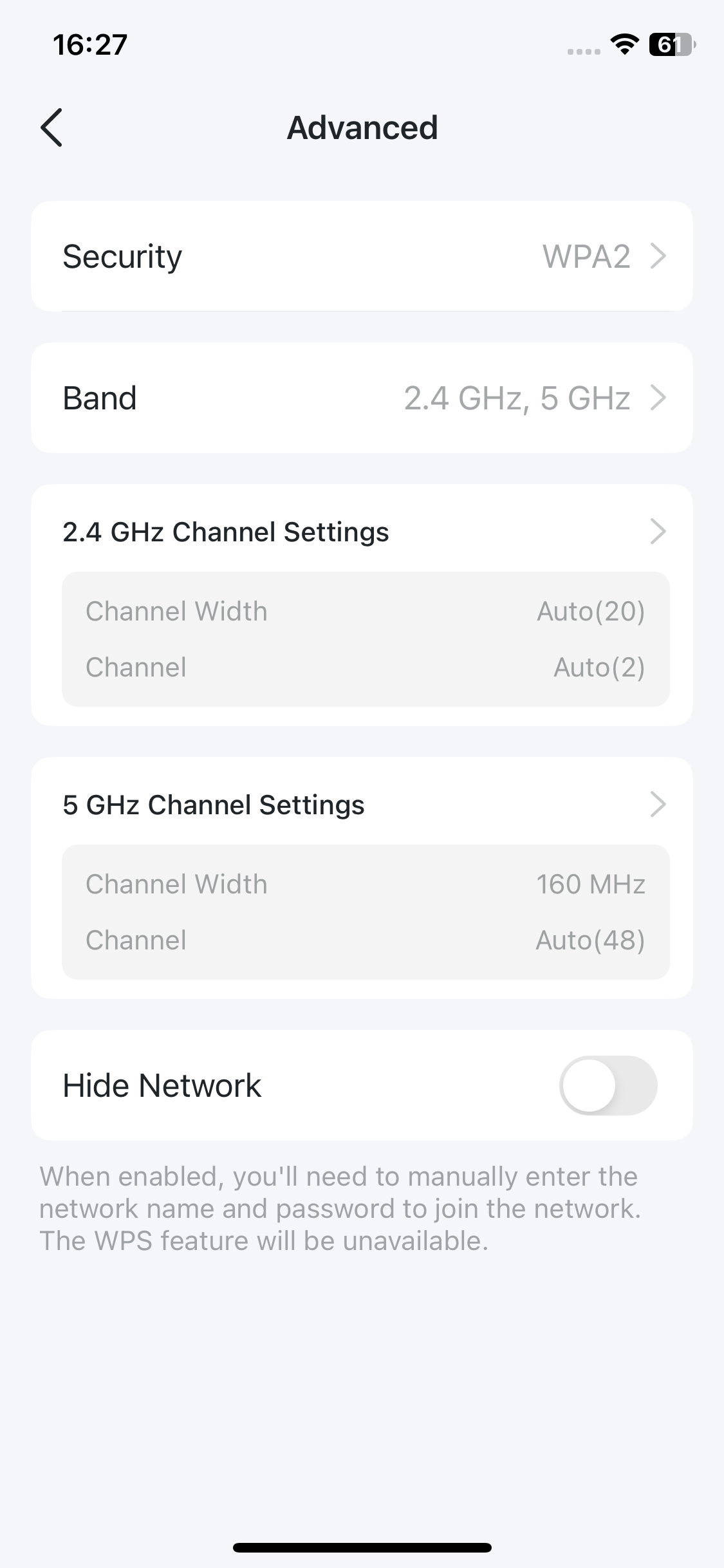 The Advanced page for more wifi settings