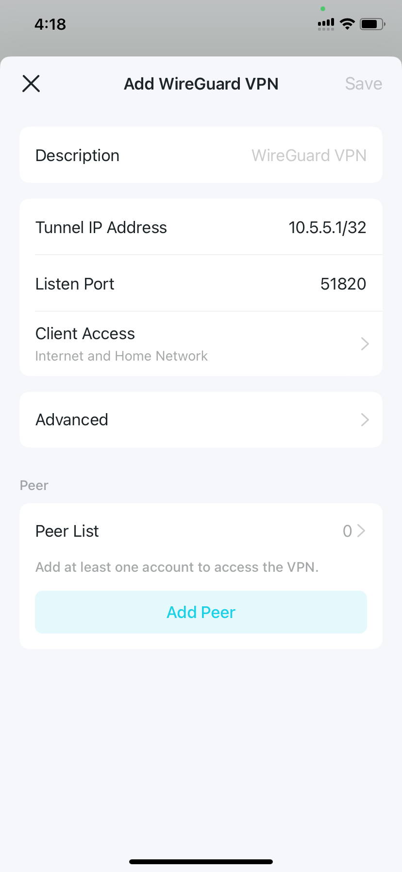 WireGuard VPN settings page