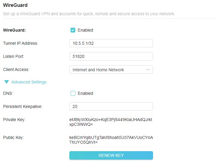 A screenshot of a router configuration page for WireGuard VPN settings. The page shows the feature is enabled with a tunnel IP address of 10.5.5.1/32, listen port 51820, client access set to "Internet and Home Network", DNS enabled, and persistent keepalive set to 25 seconds.