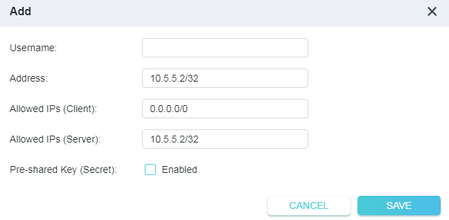 A dialog box titled "Add" for a network configuration entry, likely a WireGuard VPN client. The form includes fields for a username, an address of 10.5.5.2/32, allowed client and server IP ranges (0.0.0.0/0 and 10.5.5.2/32 respectively), and a checkbox for a "Pre-shared Key (Secret)" which is set to Enabled.