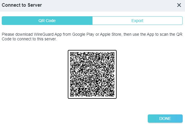 A screenshot of a network configuration interface titled "Connect to Server". The page provides instructions to download the WireGuard app and use it to scan a displayed QR Code to connect to a VPN server.