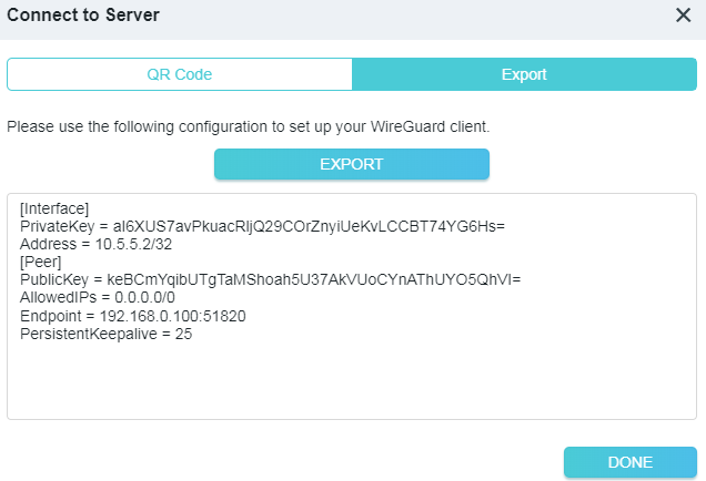 A screenshot of a WireGuard VPN client configuration page showing the connection details and an "Export" button, with options to switch between a QR Code view and the Export function.