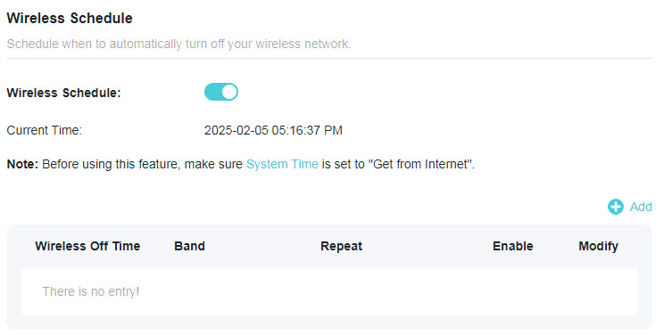 The Wireless Schedule settings page. The feature is enabled, showing the current system time as February 5, 2025, 05:16:37 PM. The page contains a note about syncing system time from the internet and an empty table for adding new wireless off-time entries.