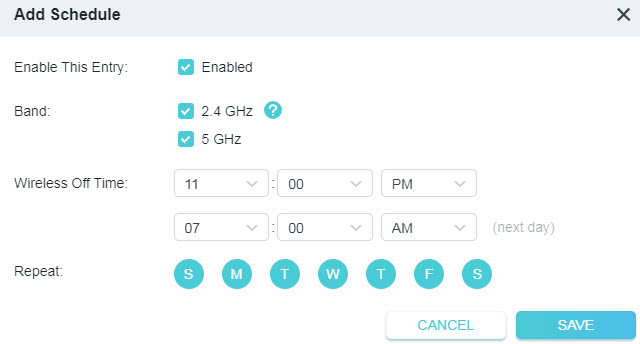 a router settings dialog box titled "Add Schedule," used to configure specific times when the wireless network should be turned off. The configuration shows the entry is enabled, applies to both 2.4 GHz and 5 GHz bands, schedules the network off-time from 11:00 PM to 07:00 AM the next day, and is set to repeat every day of the week (Sunday through Saturday).