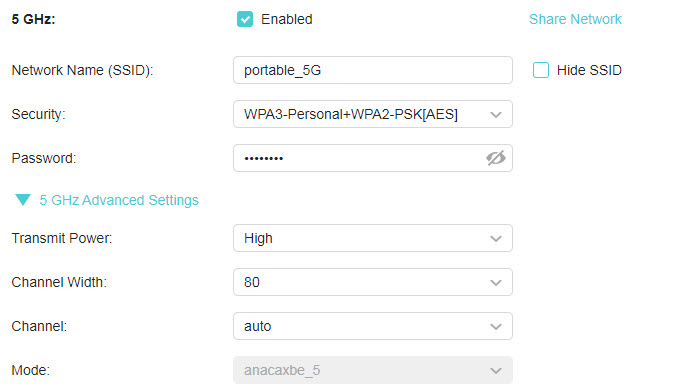 a TP-Link router "5 GHz" Wireless Settings configuration page. The network is enabled with the SSID "portable_5G" and security set to WPA3-Personal+WPA2-PSK[AES]. Advanced settings show Transmit Power as High, Channel Width as 80, and Channel and Mode both set to auto.